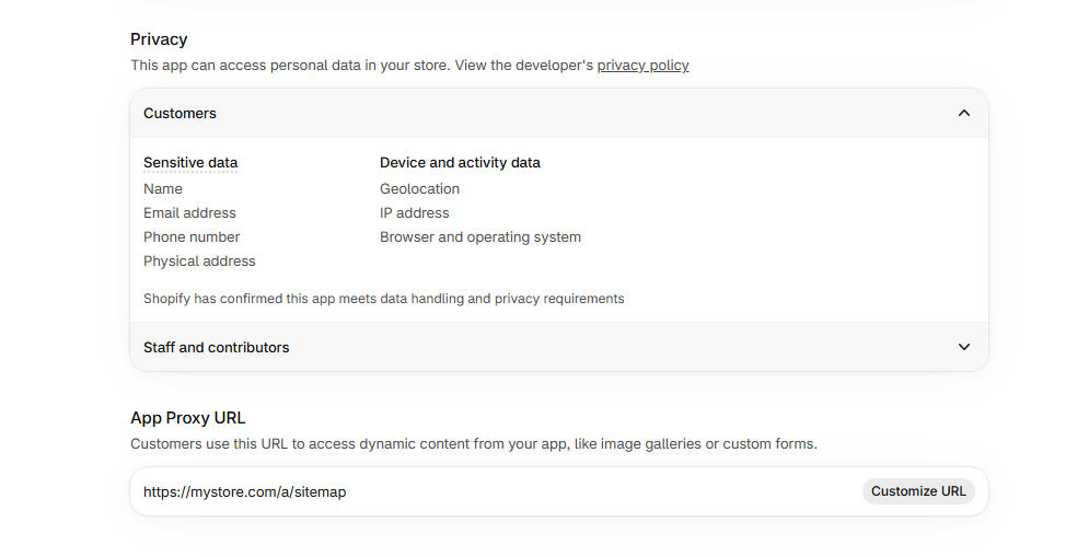 The App Proxy URL section in Shopify with the Customize URL button